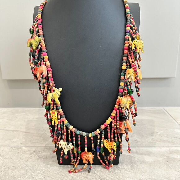 Vintage African Tribal Animal Painted Wood Bead Statement Necklace - Picture 5 of 5